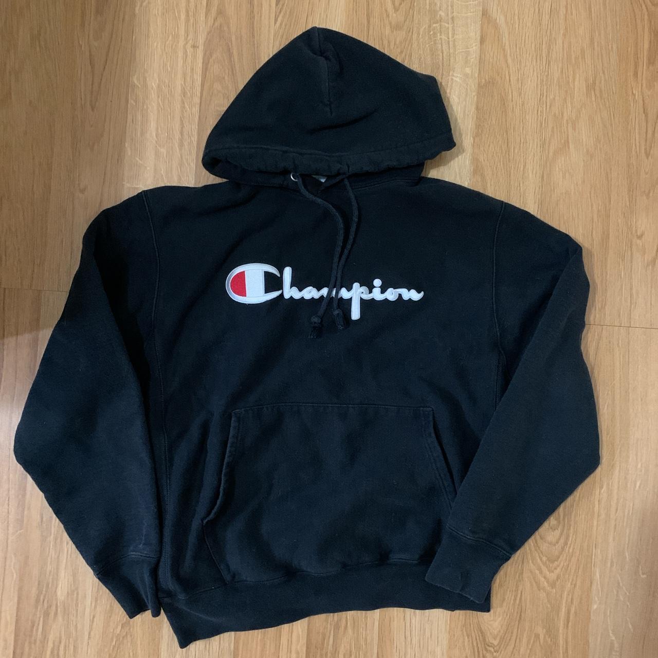 Vintage Black Champion Reverse Weave Hoodie Used... - Depop