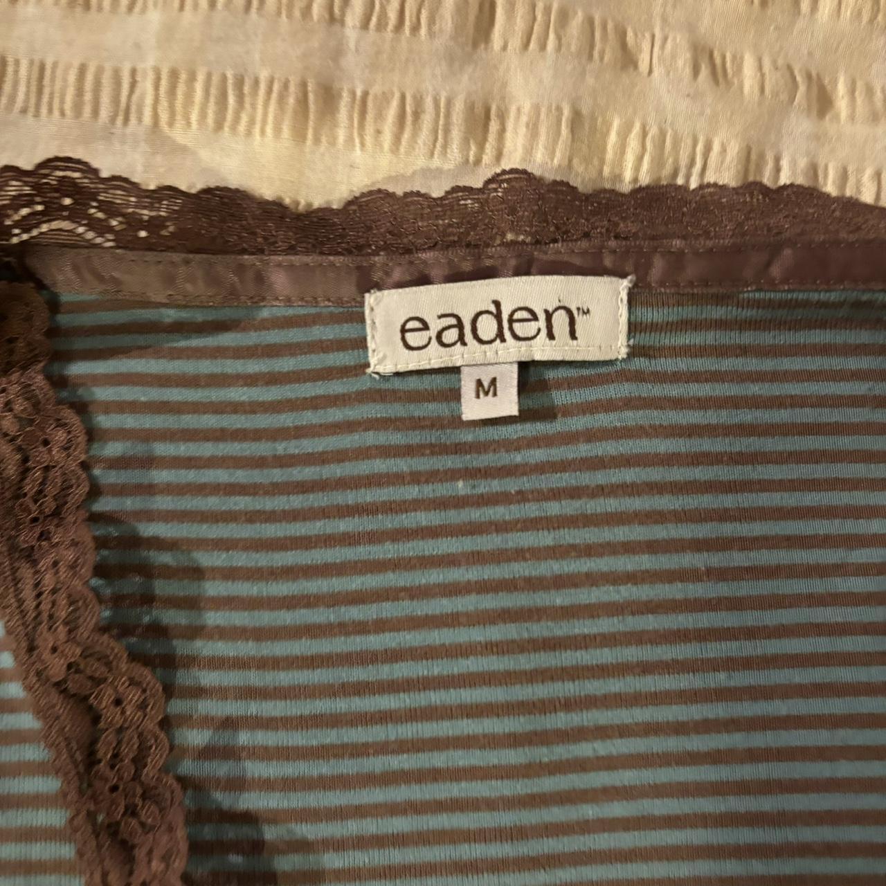 Blue and brown striped top with lace detailing on... Depop
