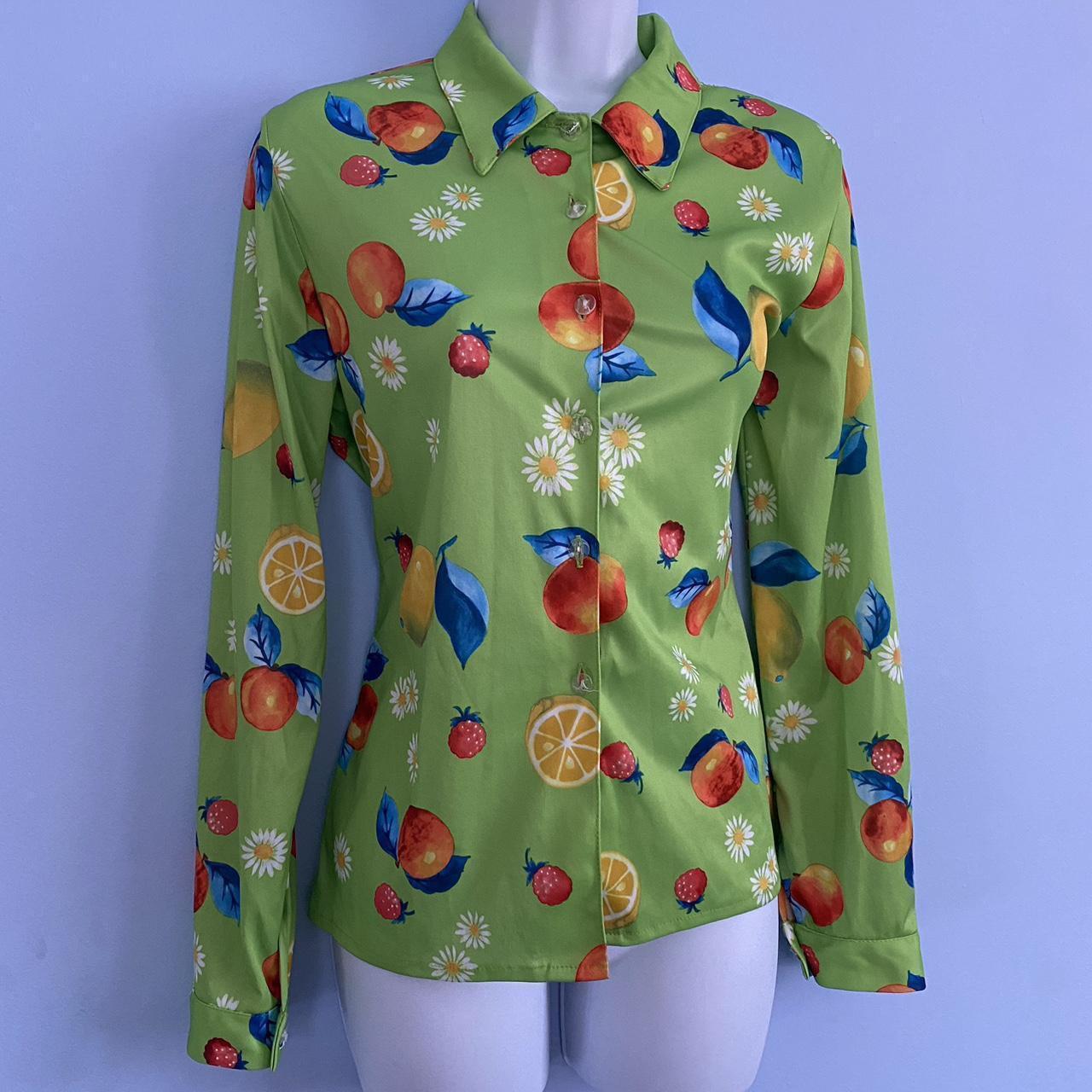 Vintage 70s blouse in green with a novelty fruit... - Depop