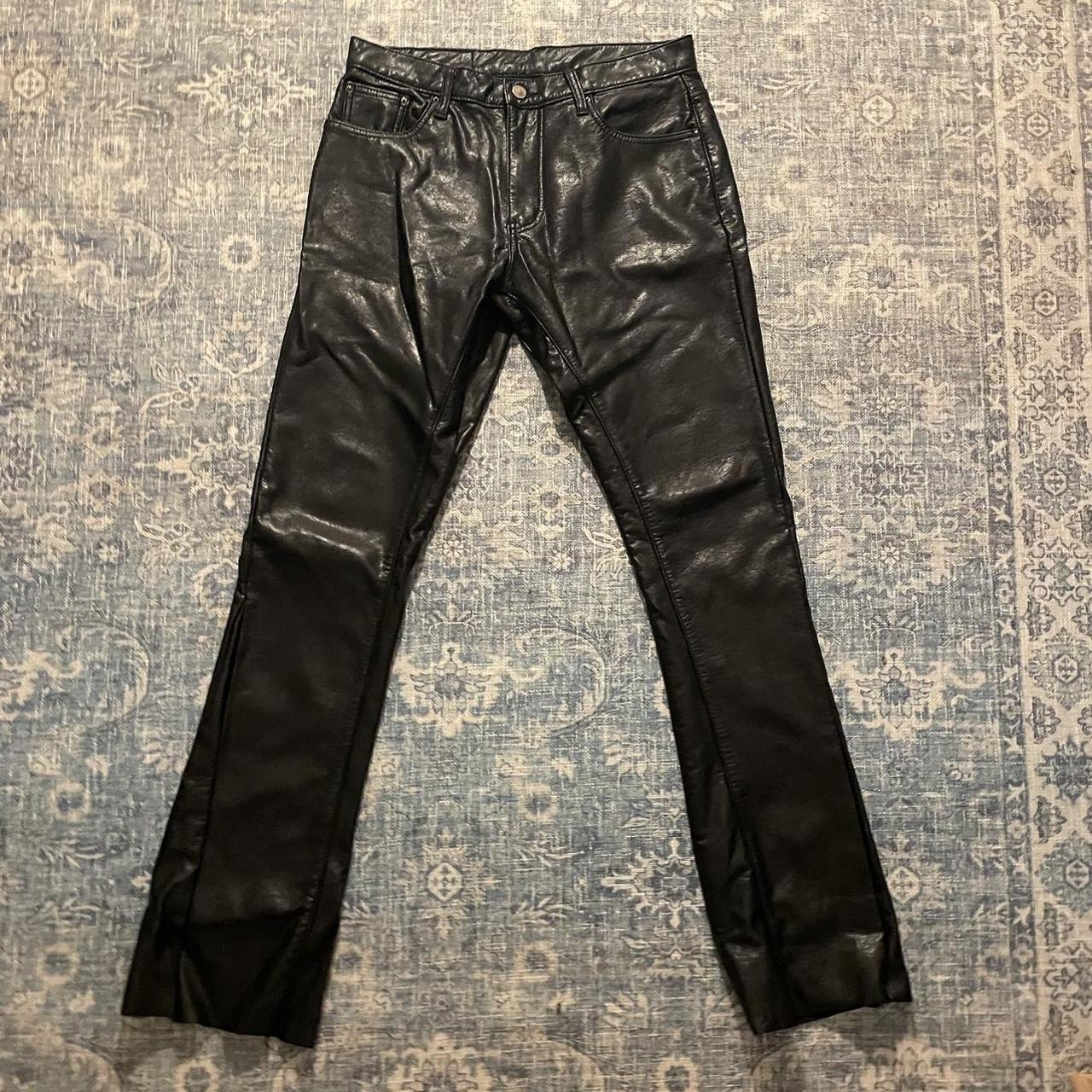 Leather mnml Playboi Carti stacked flare pants Size... - Depop