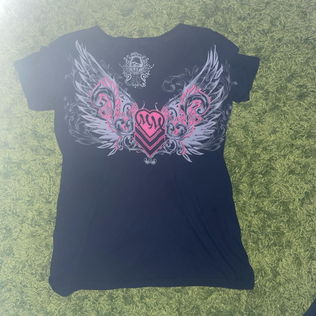 pink and black affliction v neck womens shirt - Depop