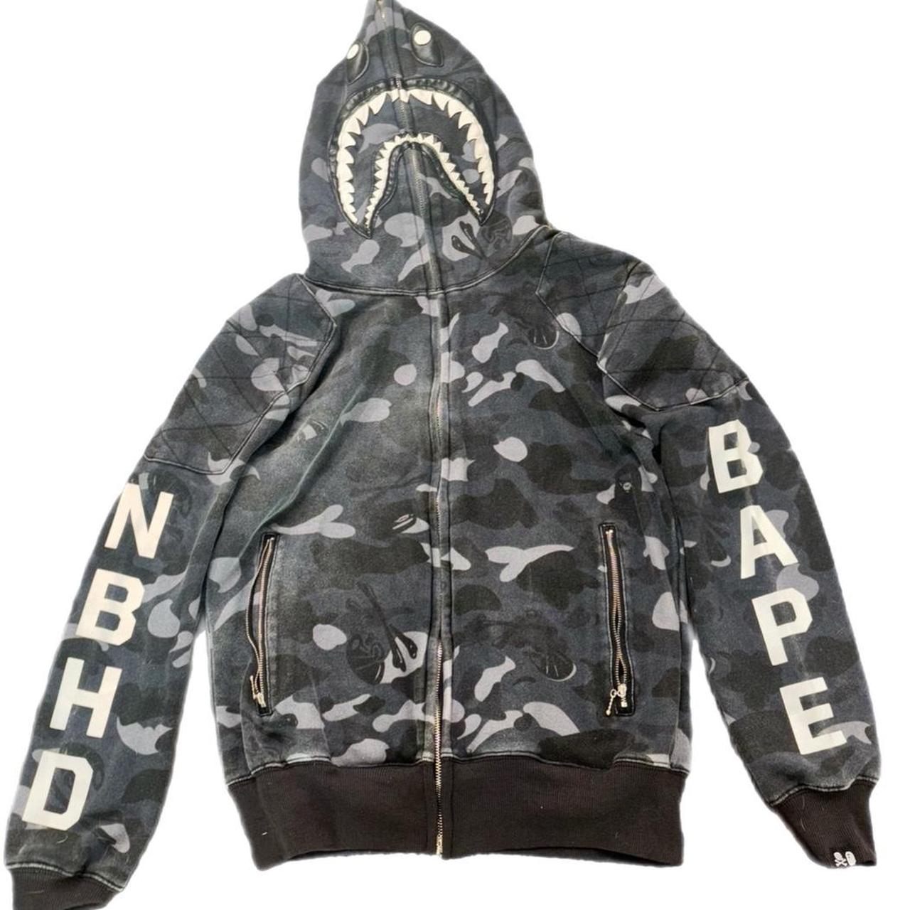 BAPE X NBHD black and grey camo shark zip up hoodie