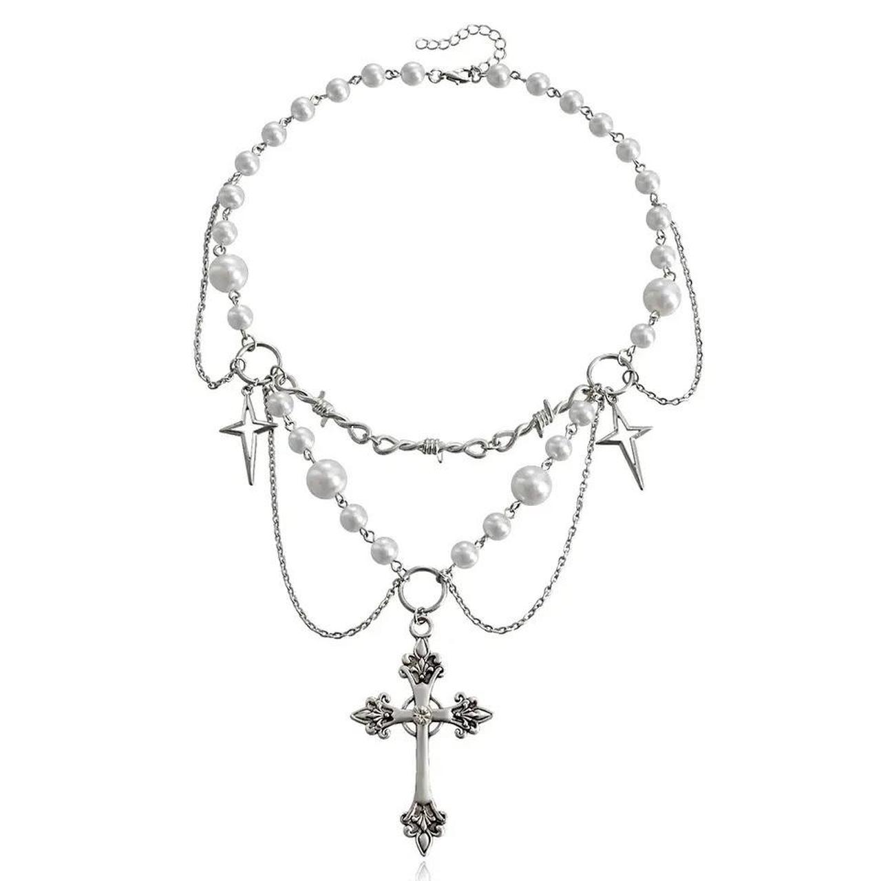 Victorian ornate cross and faux pearl necklace... - Depop