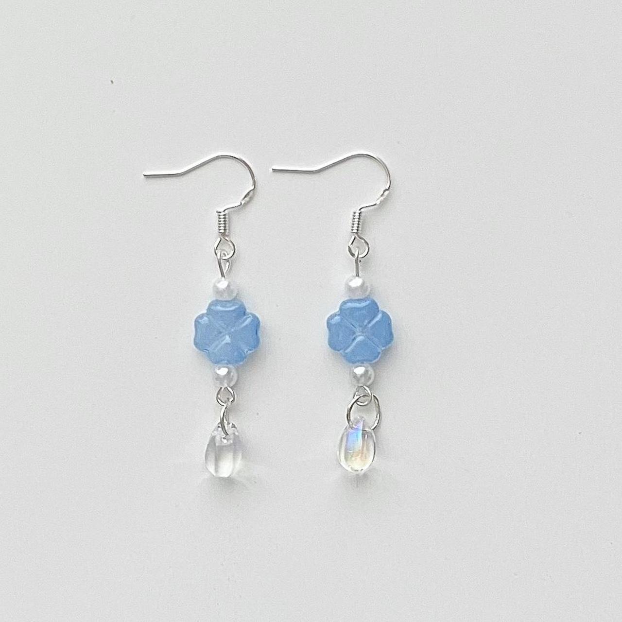 blue clover drop garden earrings handmade with... - Depop