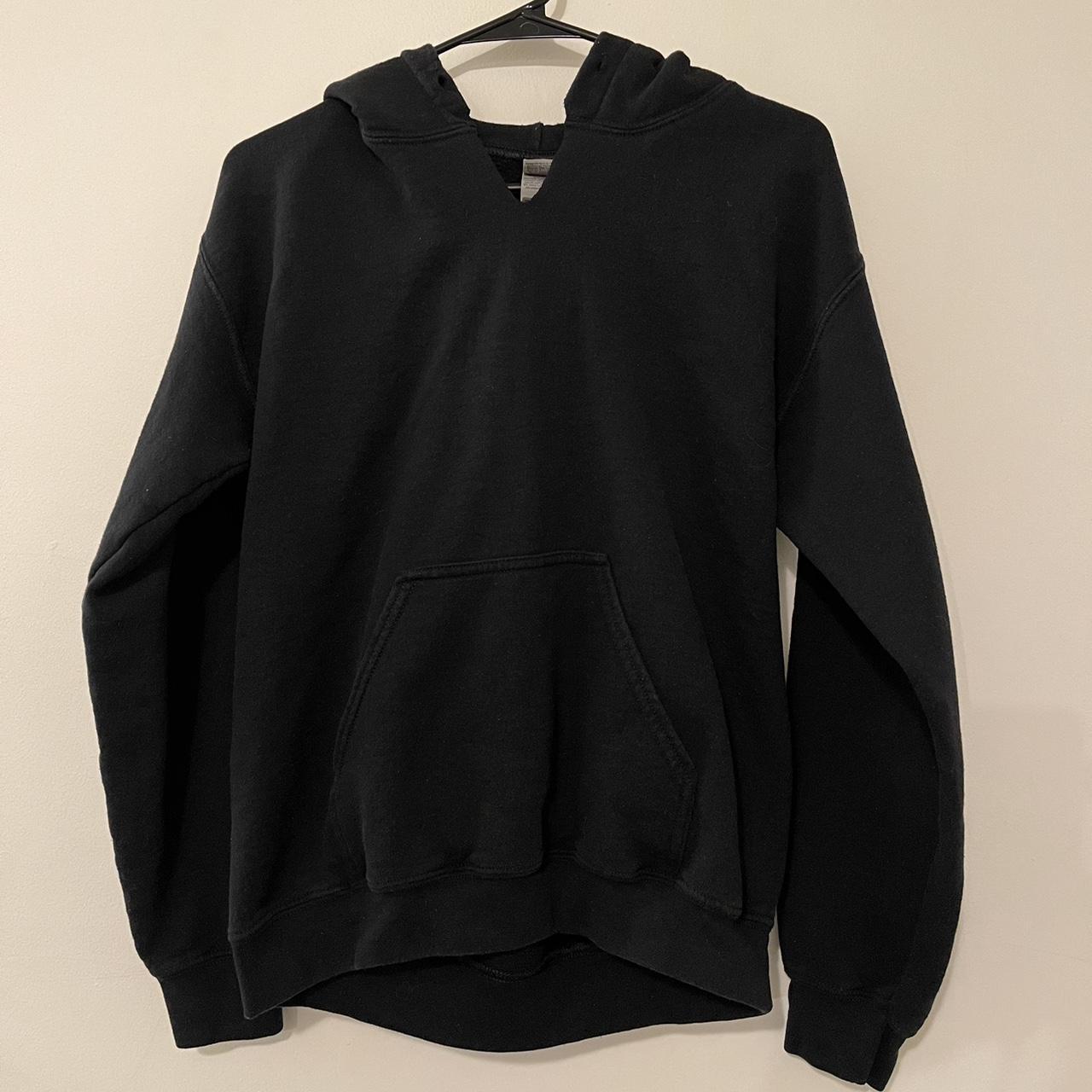 basic black gildan hoodie size s small v cut good... - Depop