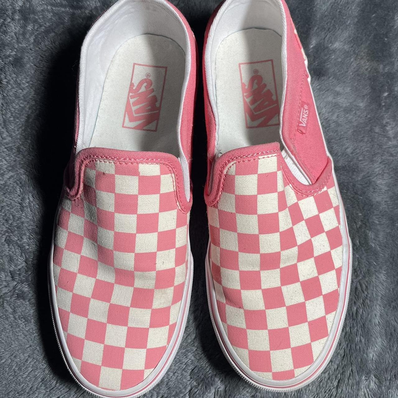 Pink and white checkered low top vans womens size... - Depop