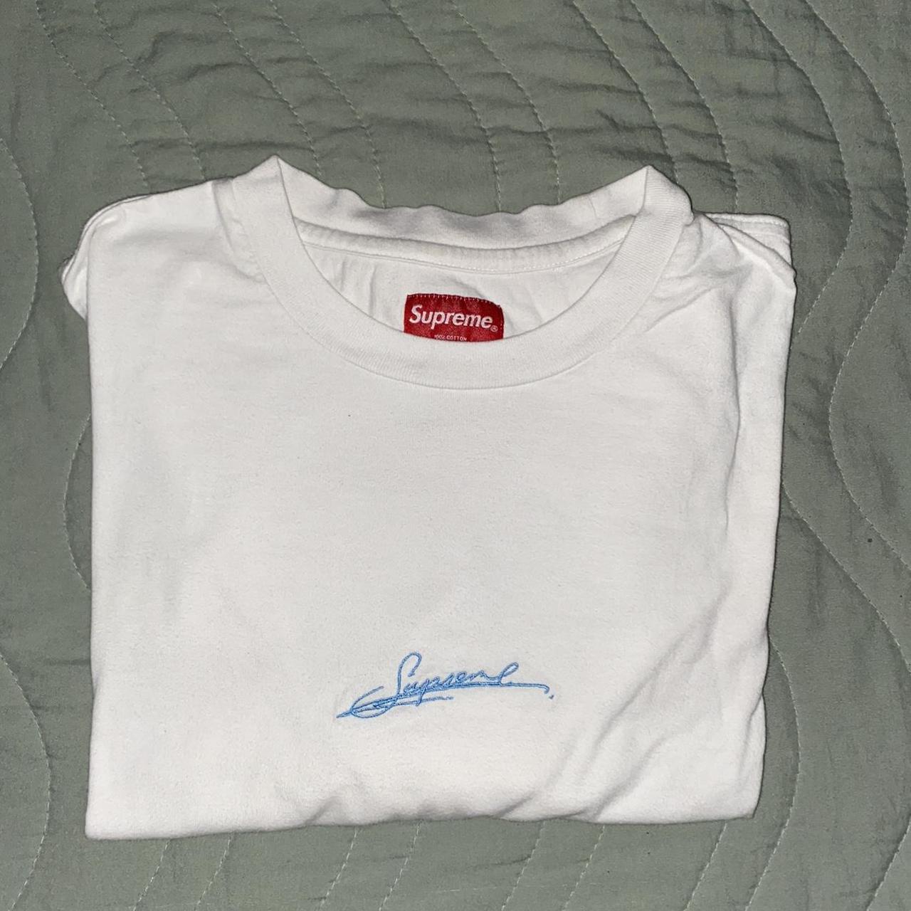 NWOT supreme signature white and blue tee Message... - Depop