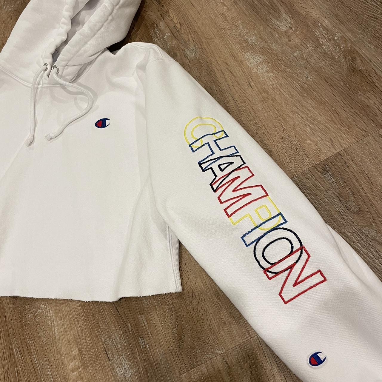 Champion white cropped hoodie with rainbow stitched