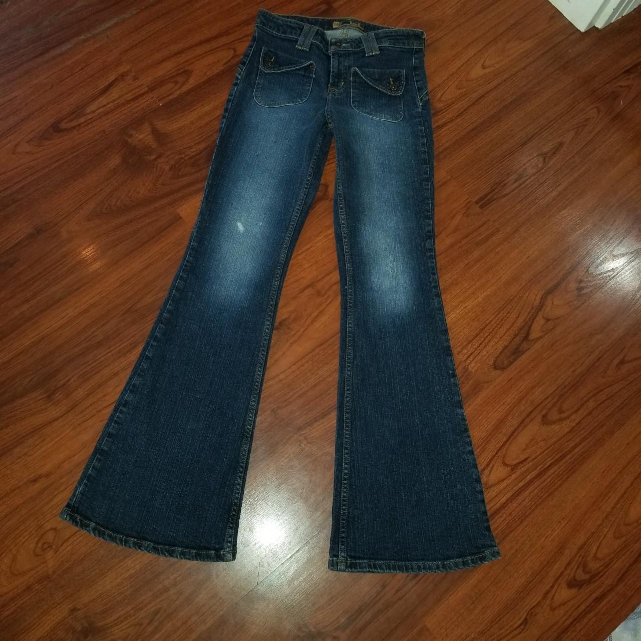 Iconic y2k early 2000s dark wash low-rise flare lei... - Depop