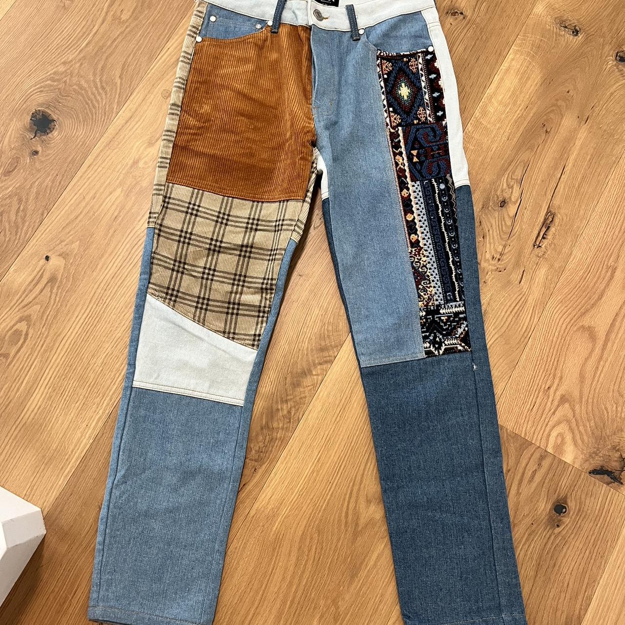 flannel patchwork black denim crust pants. all - Depop