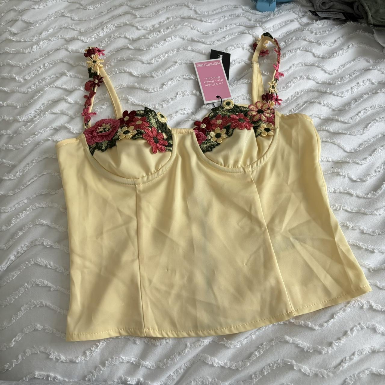lemon yellow floral detail corset top from plt,... - Depop