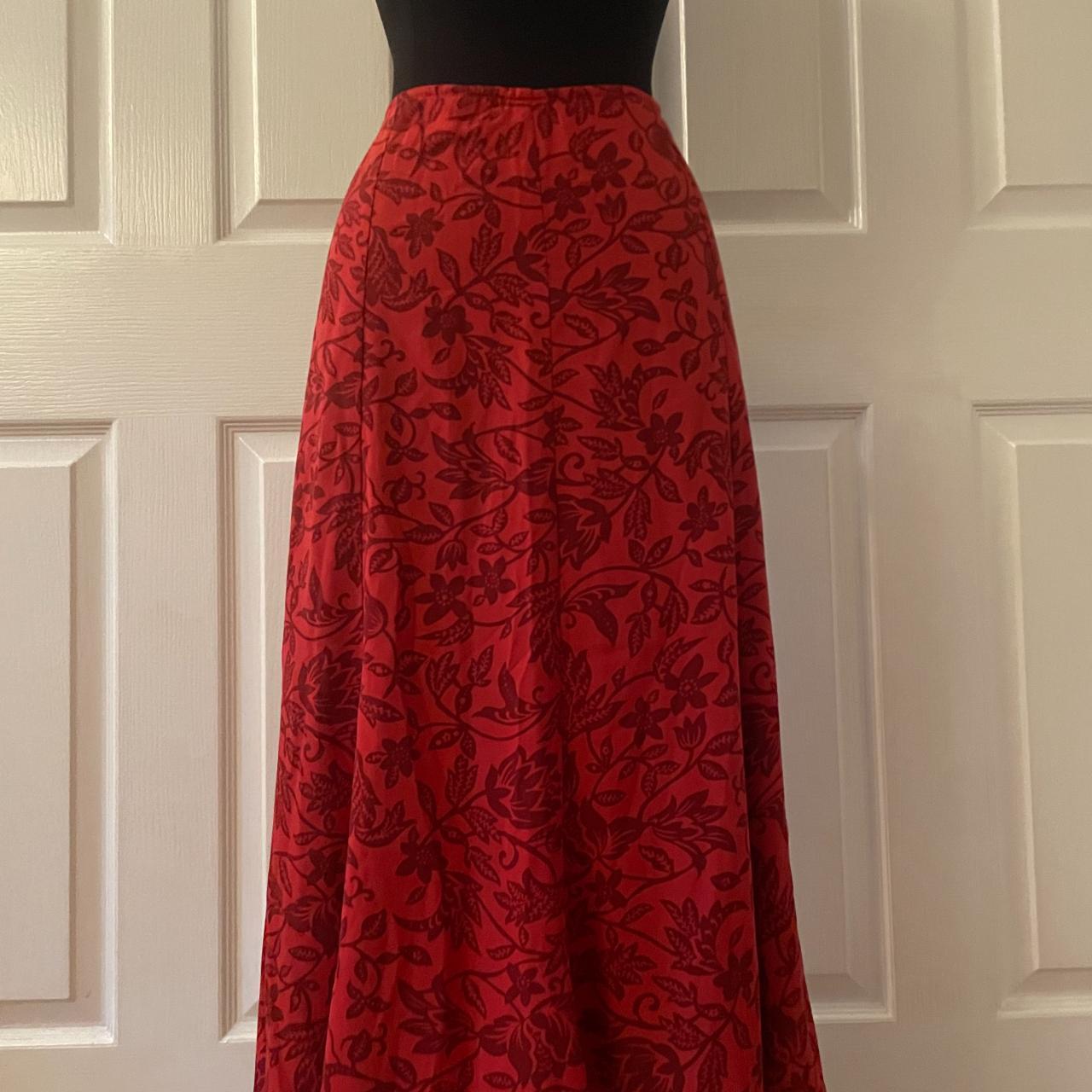 Red Midi Skirt with Brown Floral Details back... - Depop