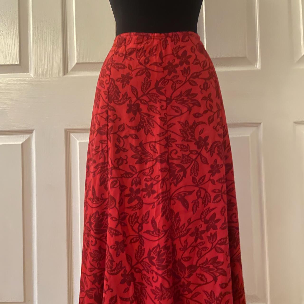 Red Midi Skirt with Brown Floral Details back... - Depop