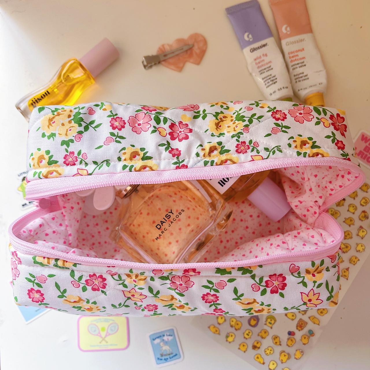 yellow and pink floral makeup bag with floral pink... - Depop
