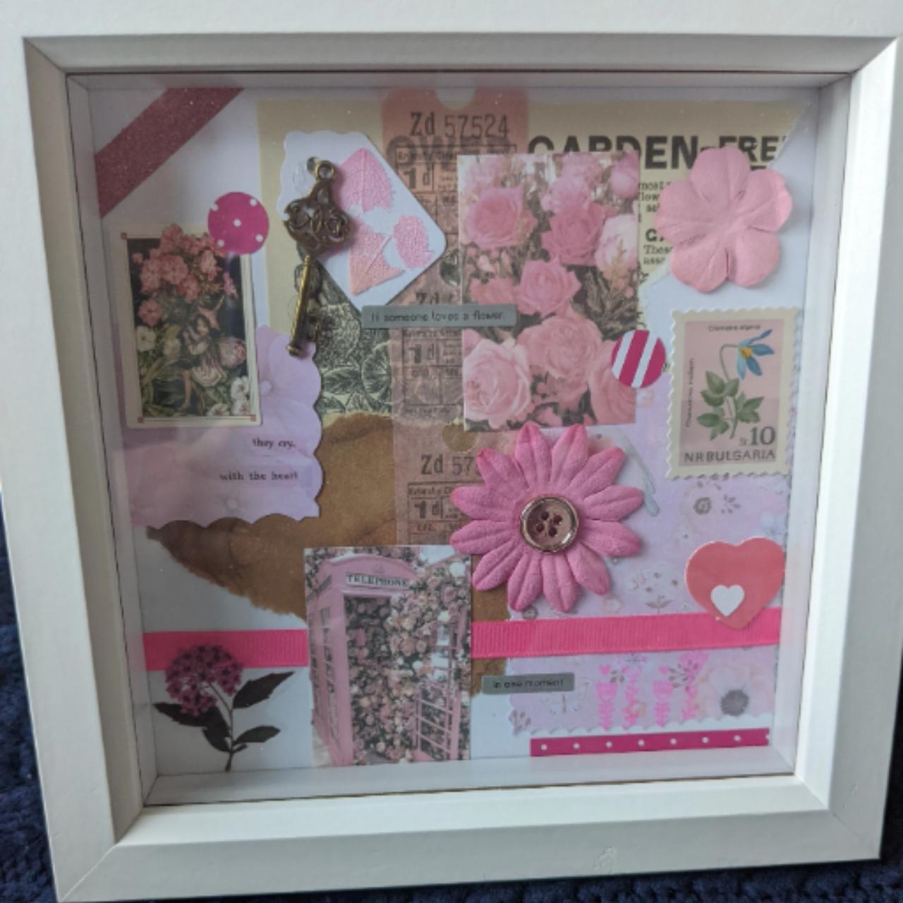 Pink scrapbook collage framed wall art. A handmade... - Depop