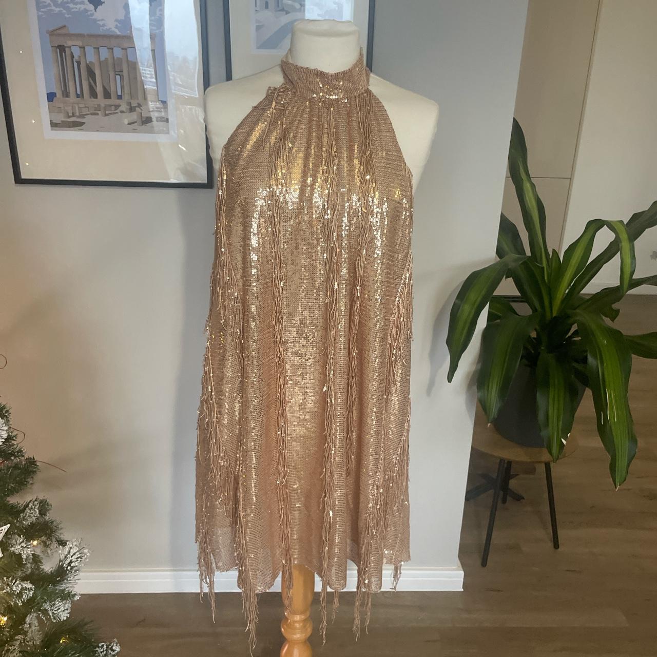 Zara halter neck gold sequin dress with tassels.... Depop