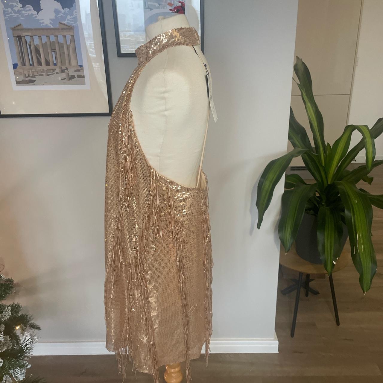 Zara halter neck gold sequin dress with tassels.... Depop