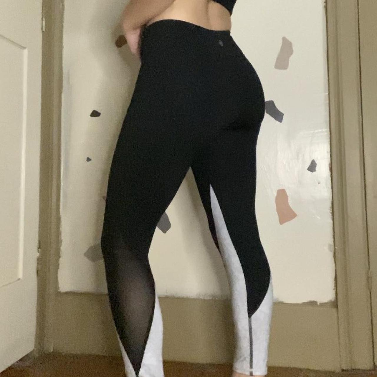 XS black athletic leggings, white and black mesh design - Depop