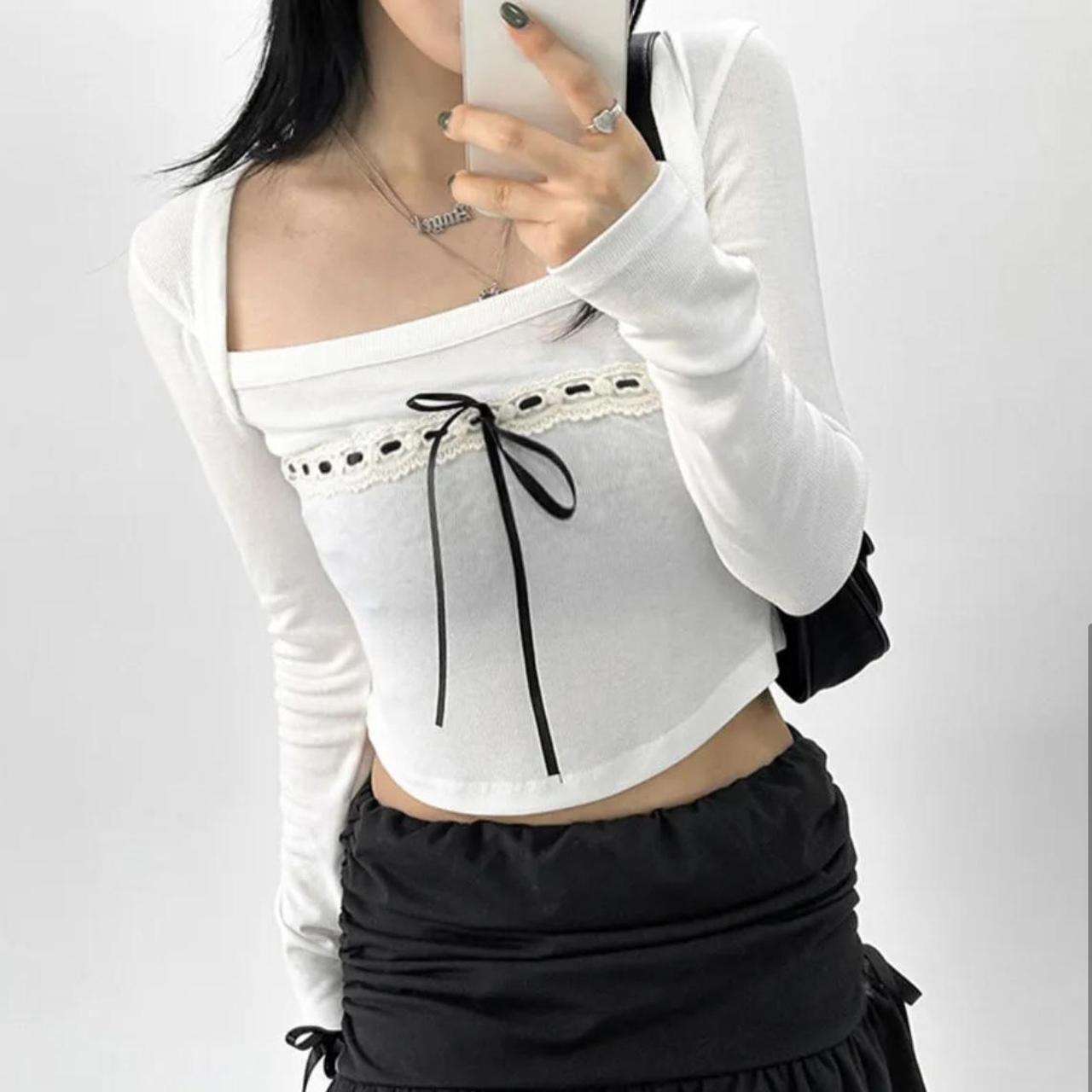 Cute white long sleeve crop top with ribbon detail,... - Depop