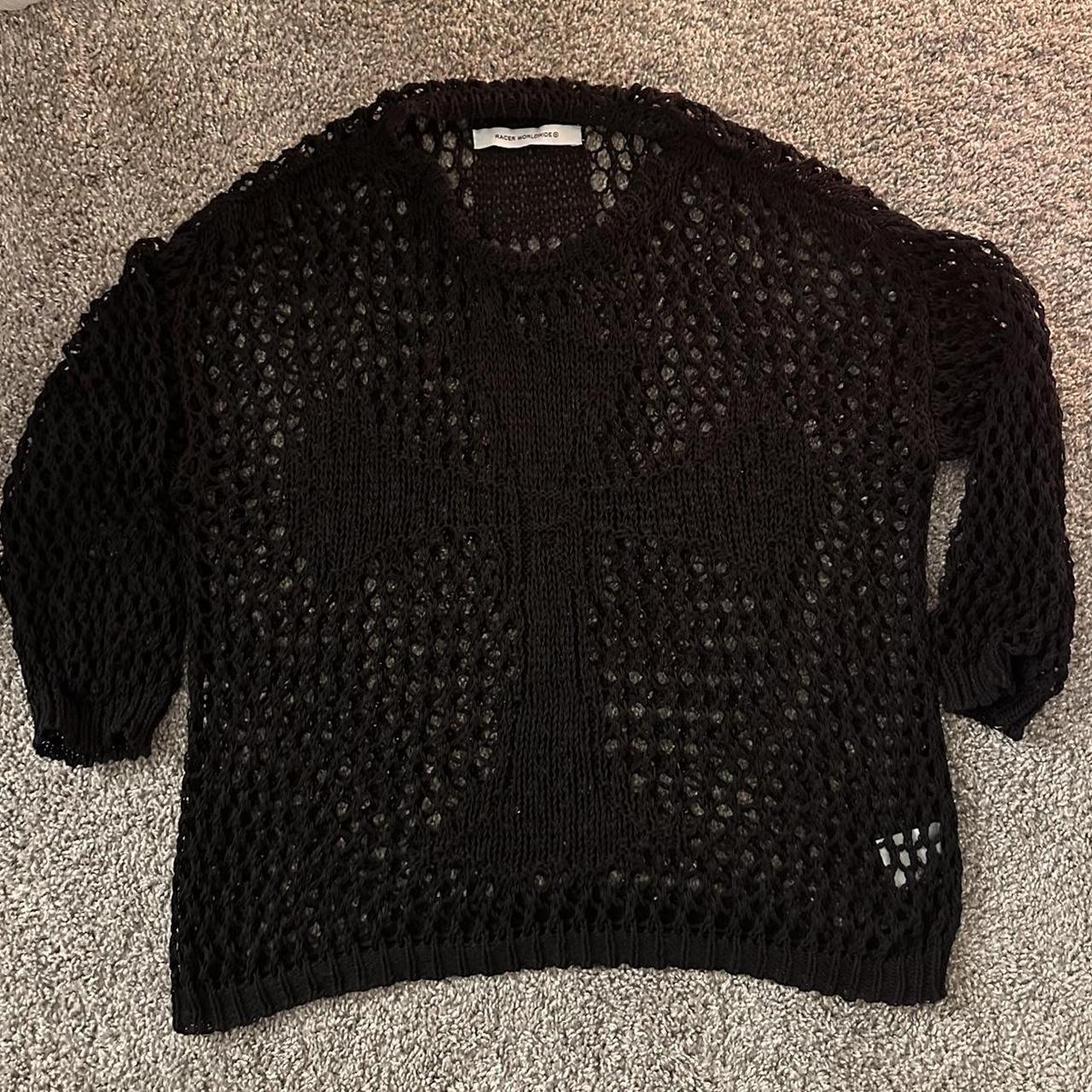 racer worldwide black cross crochet knit sweater Depop