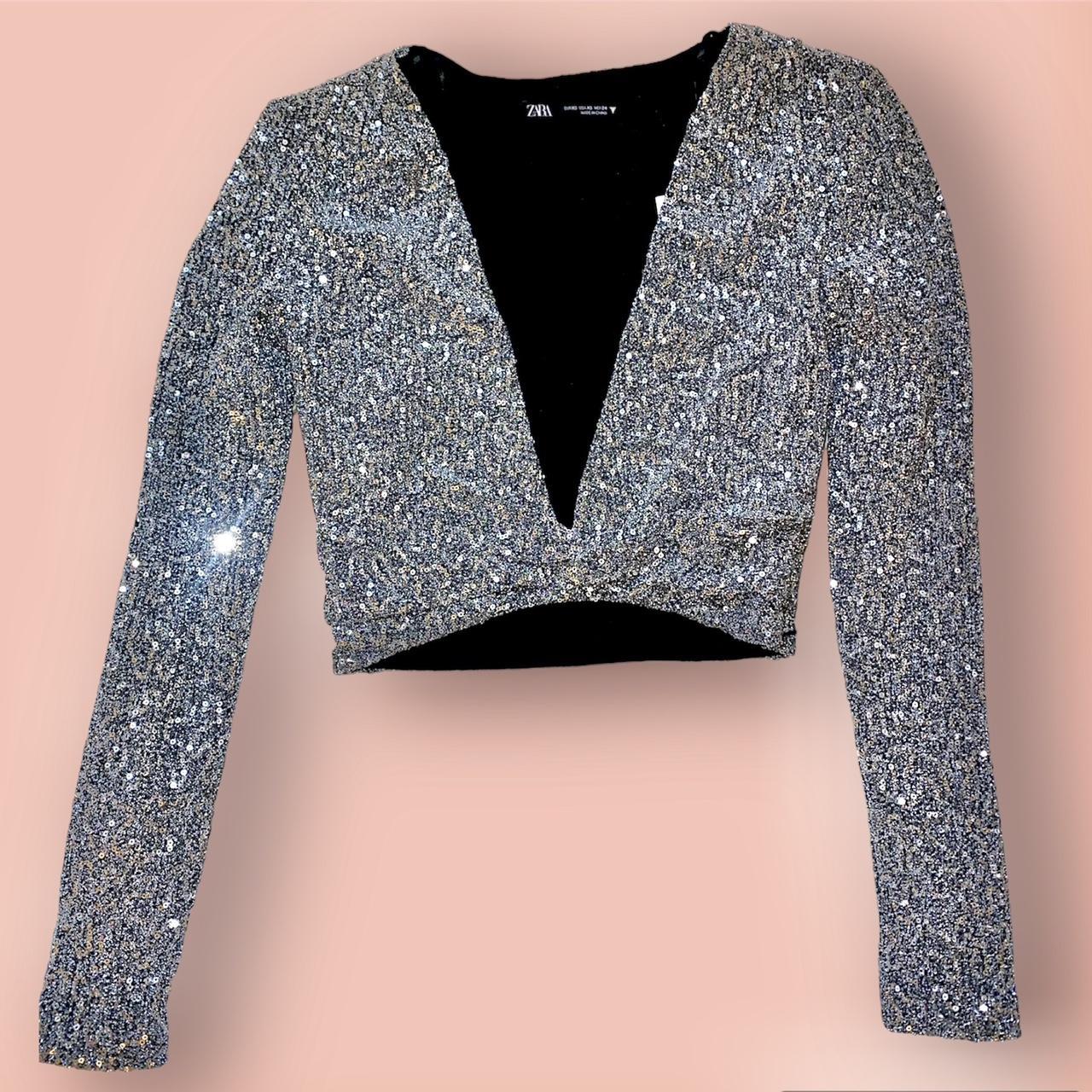 - Zara silver sequin party top long sleeved - size... - Depop