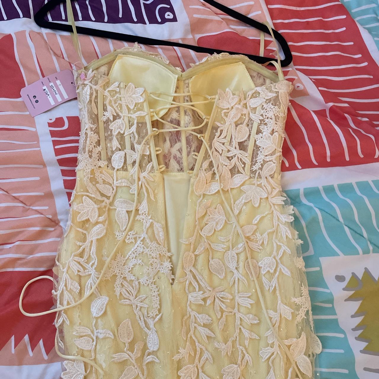 Yellow strapless floral prom dress. *Altered to fit... Depop