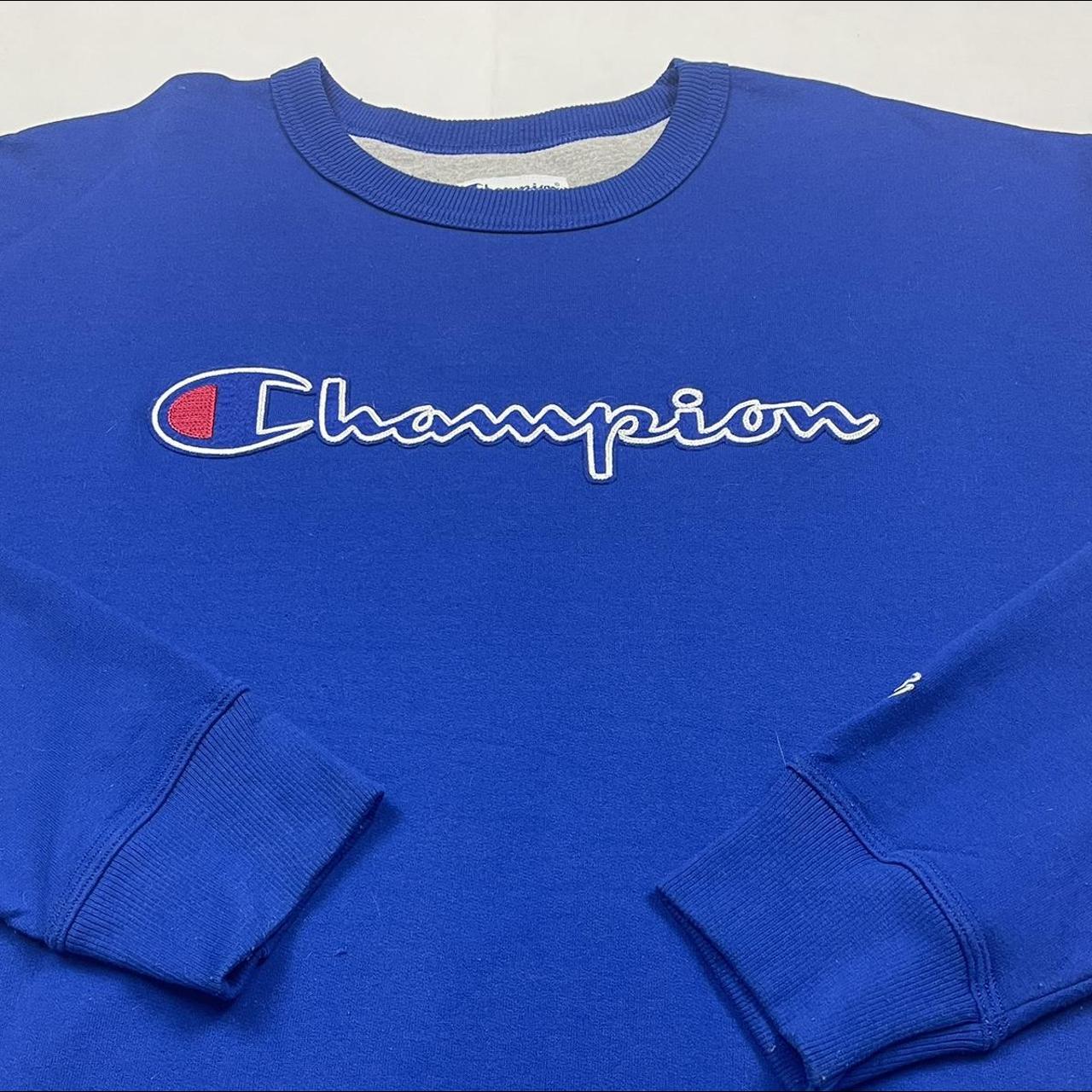 Vintage Blue Champion Spellout Sweatshirt Size:... - Depop