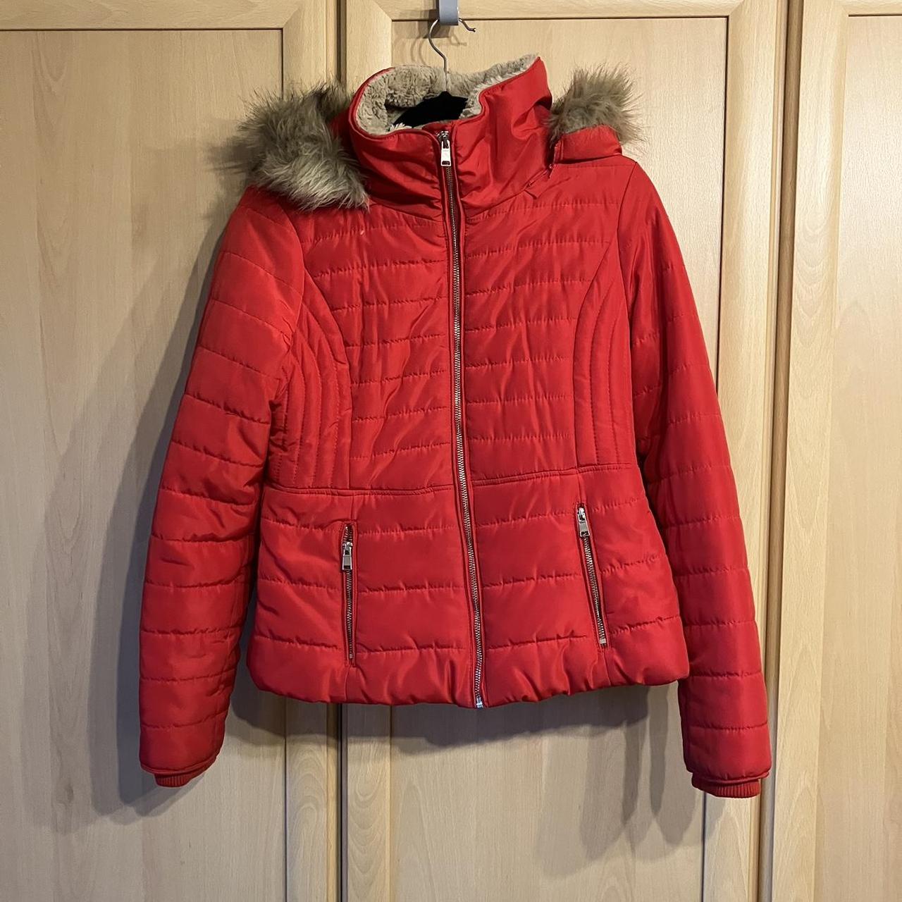 F F Red waterproof zip up puffer coat with furry