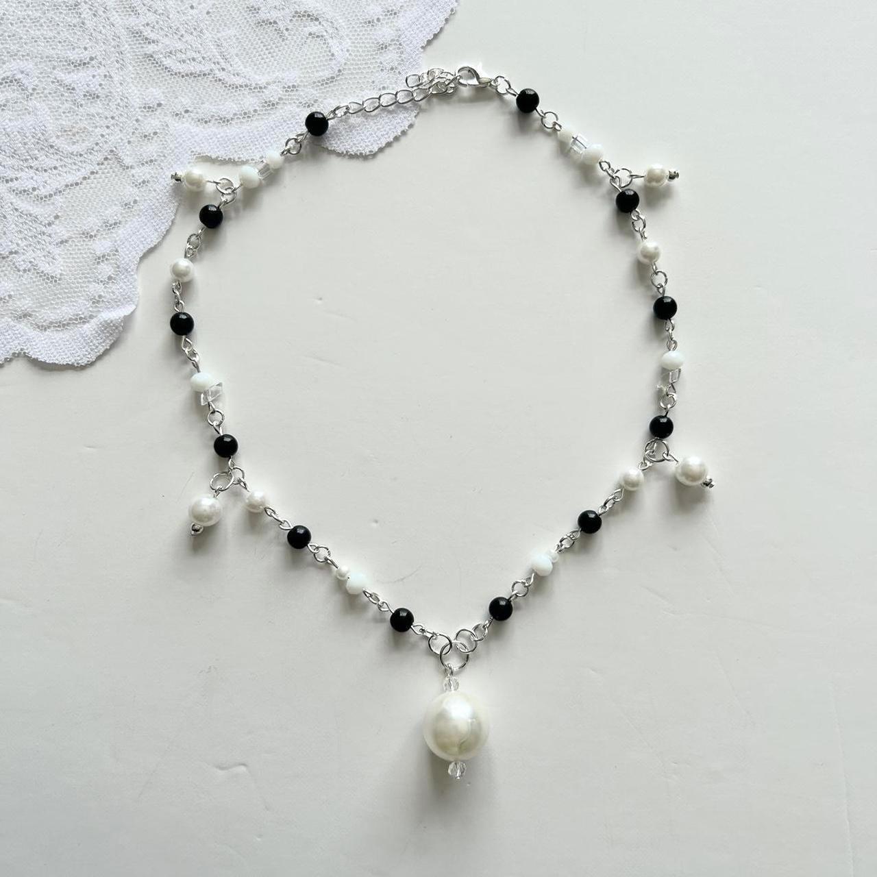 Handmade black and white silver bead necklace with... - Depop