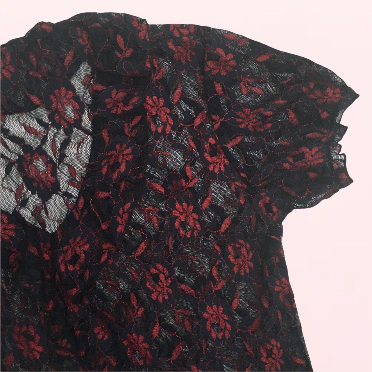 Vintage 90s/y2k red & black mesh floral lace top No... - Depop