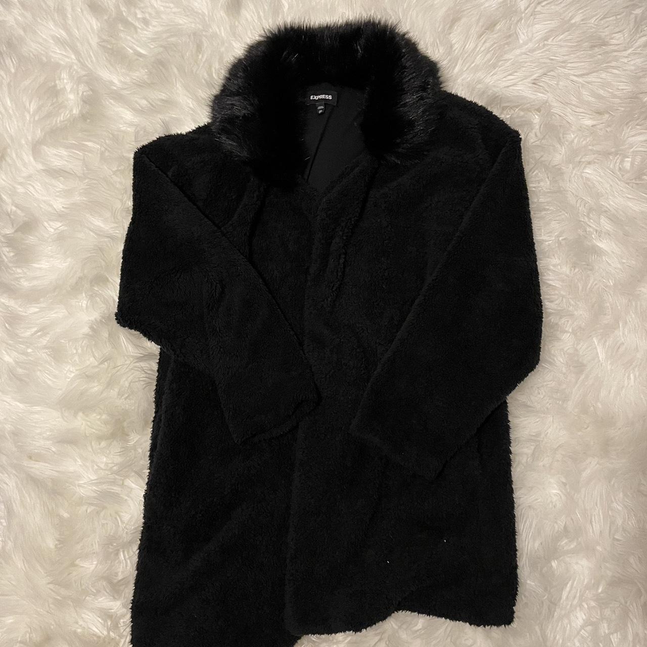black fuzzy coat with faux fur collar great... - Depop