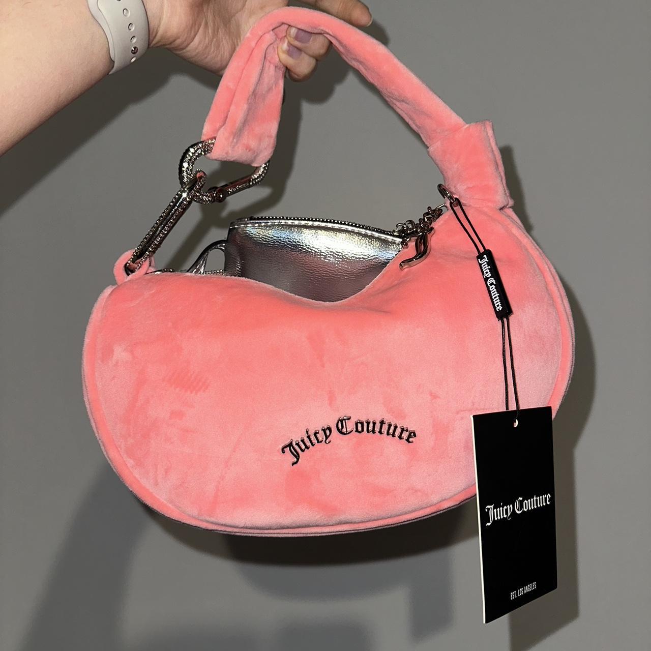 Juicy Couture Grey Velour shops Vintage Hobo Shoulder Bag with Pink Accents