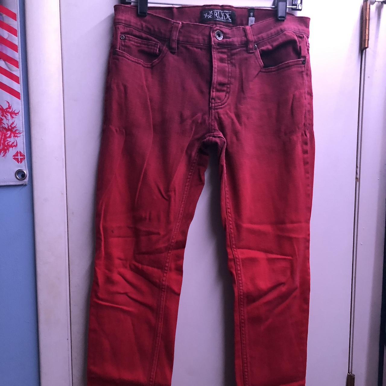 XXX Rude Jeans Men 40x32 Red Skinny Stretch Denim Pants 5 Pocket Straight  EUC