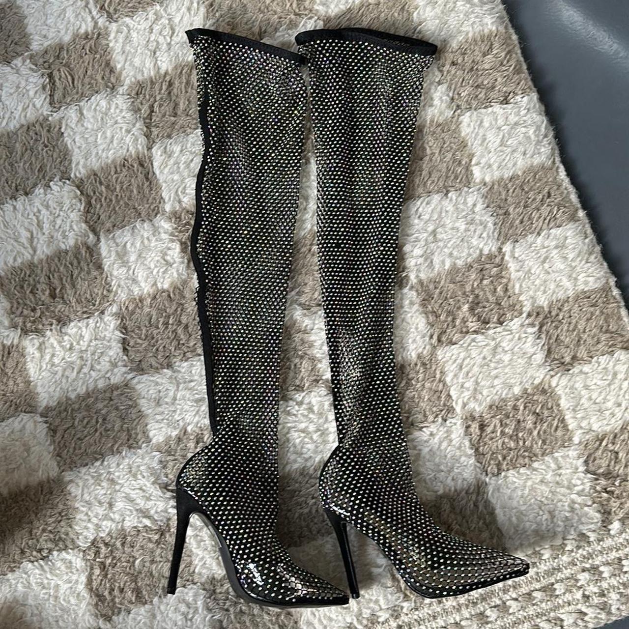 Black Diamante Fish Net Over The Knee Boots Brand - Depop