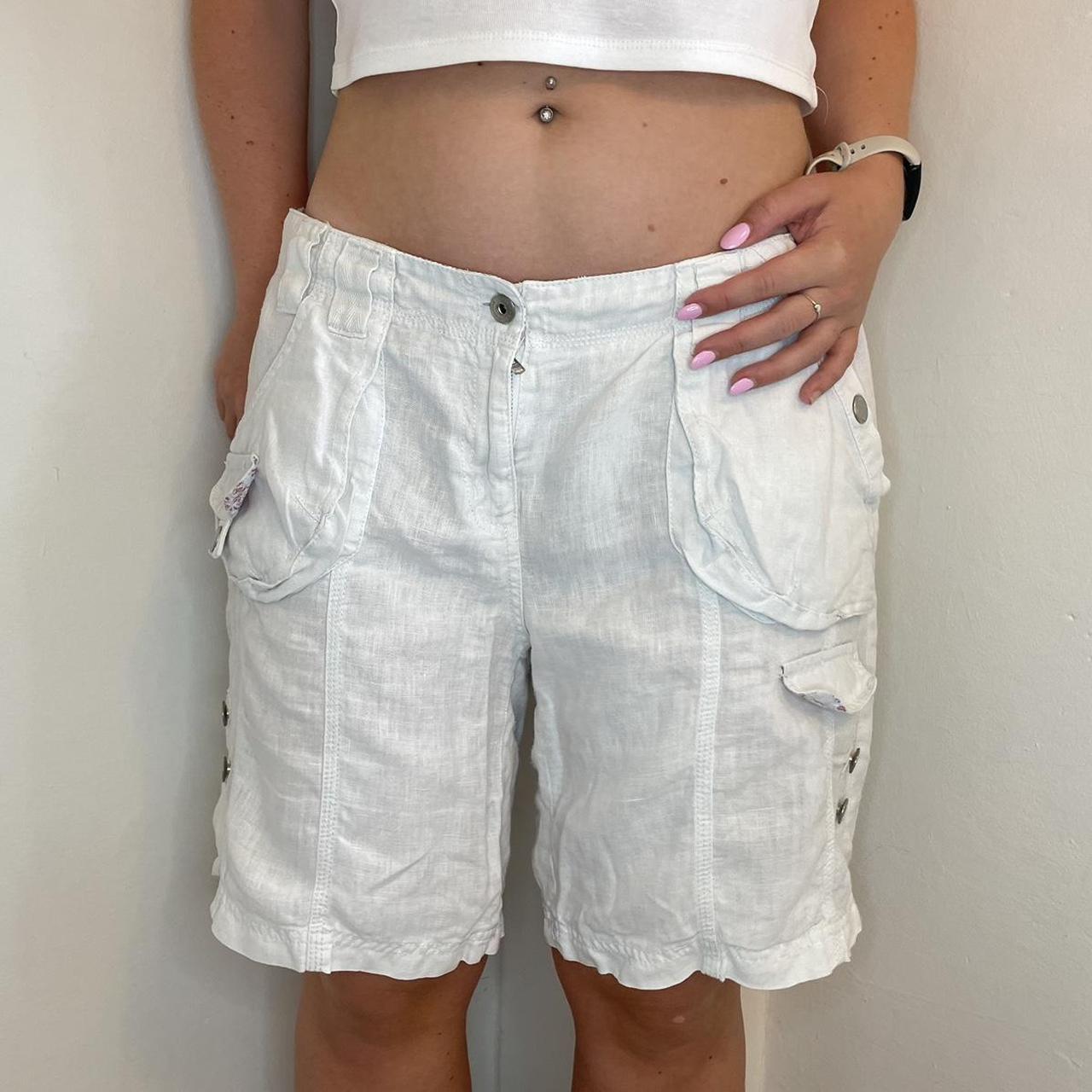 Insane 2000s Y2K low rise white cargo linen shorts /... Depop