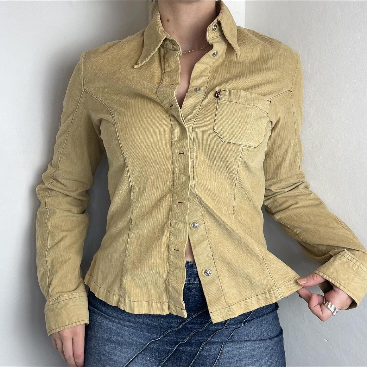 Vintage 90s tan fitted corduroy button up shirt... Depop