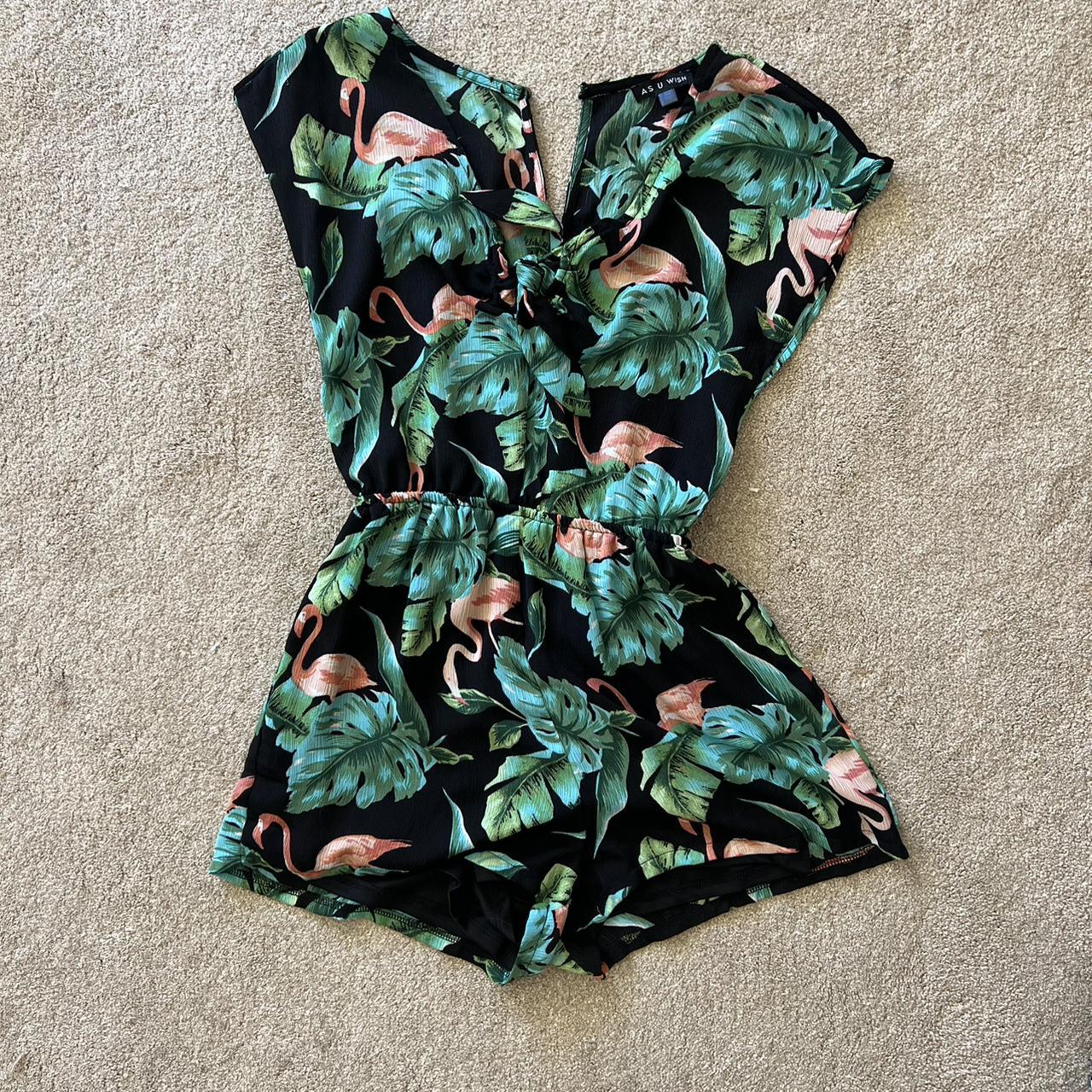 Brand as you wish green flamingo patterned romper Depop