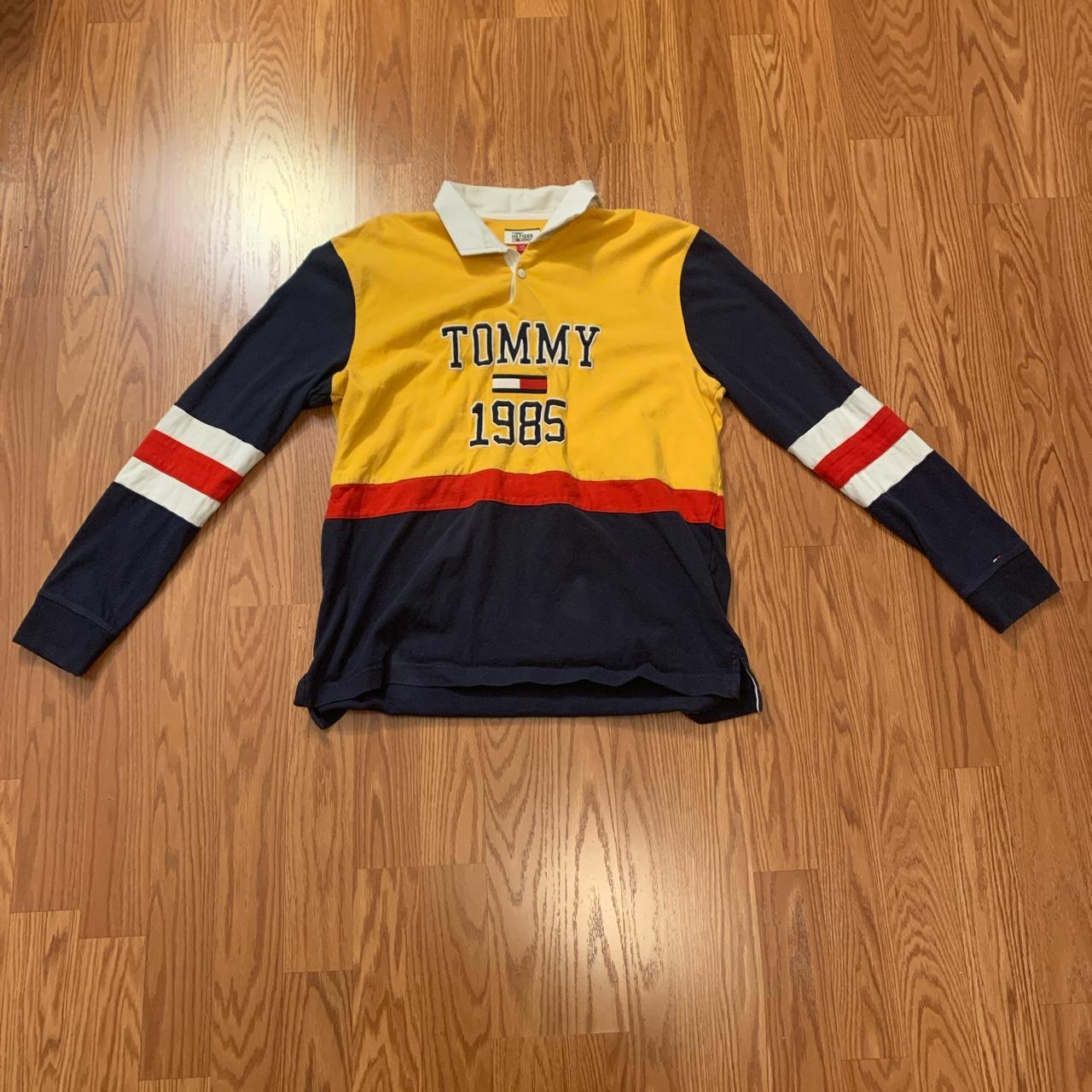 Vintage Tommy Hilfiger rugby shirt in yellow, red... - Depop