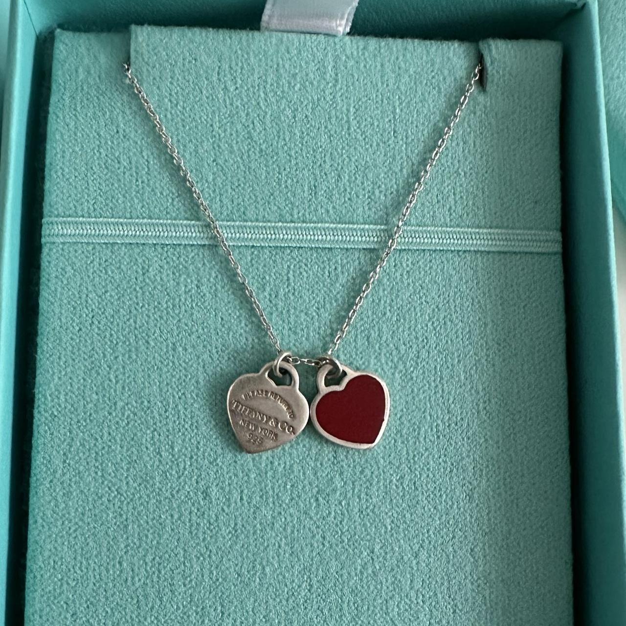 Red double heart tag pendant in silver Return to... - Depop