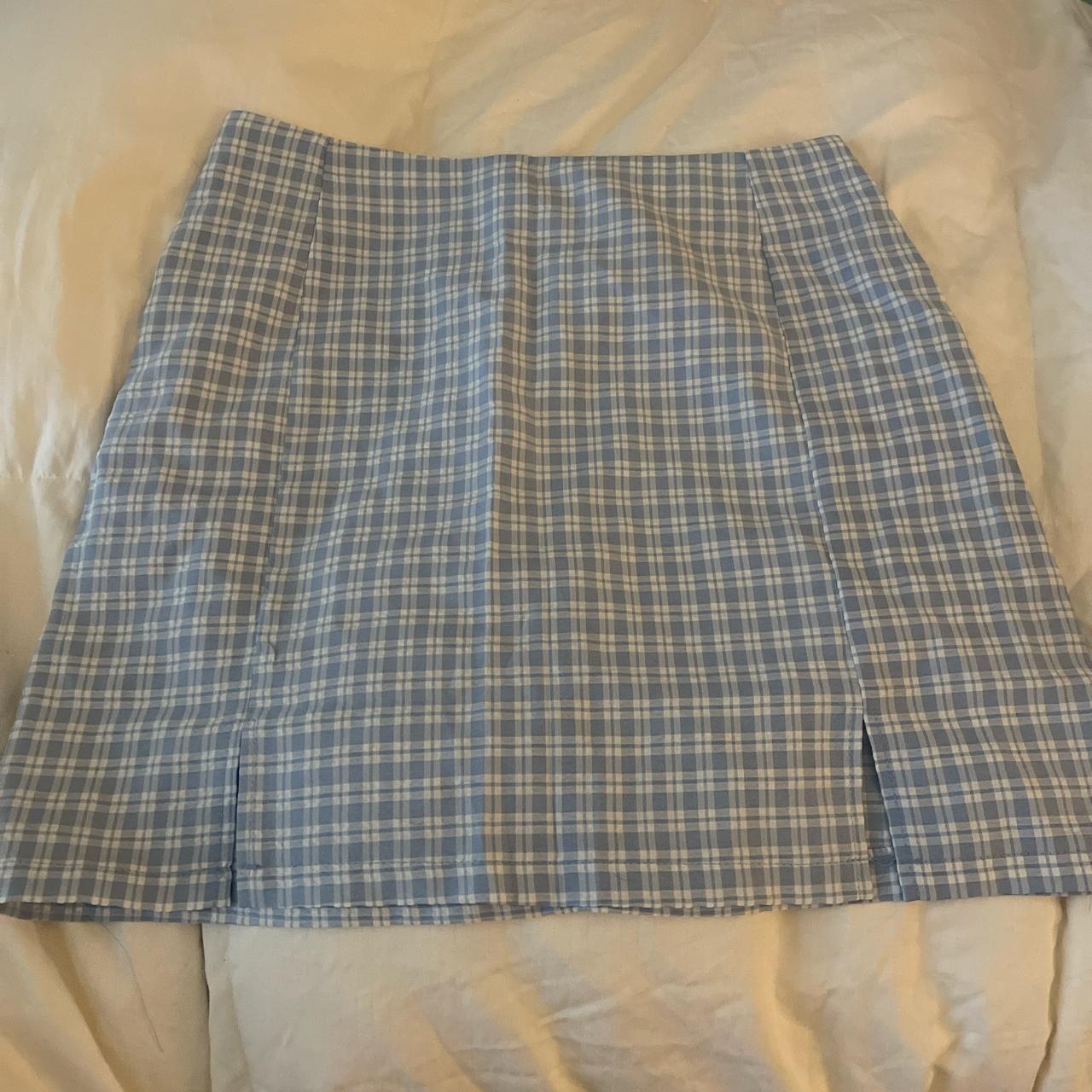 blue and white plaid skirt. size small but fits a... - Depop