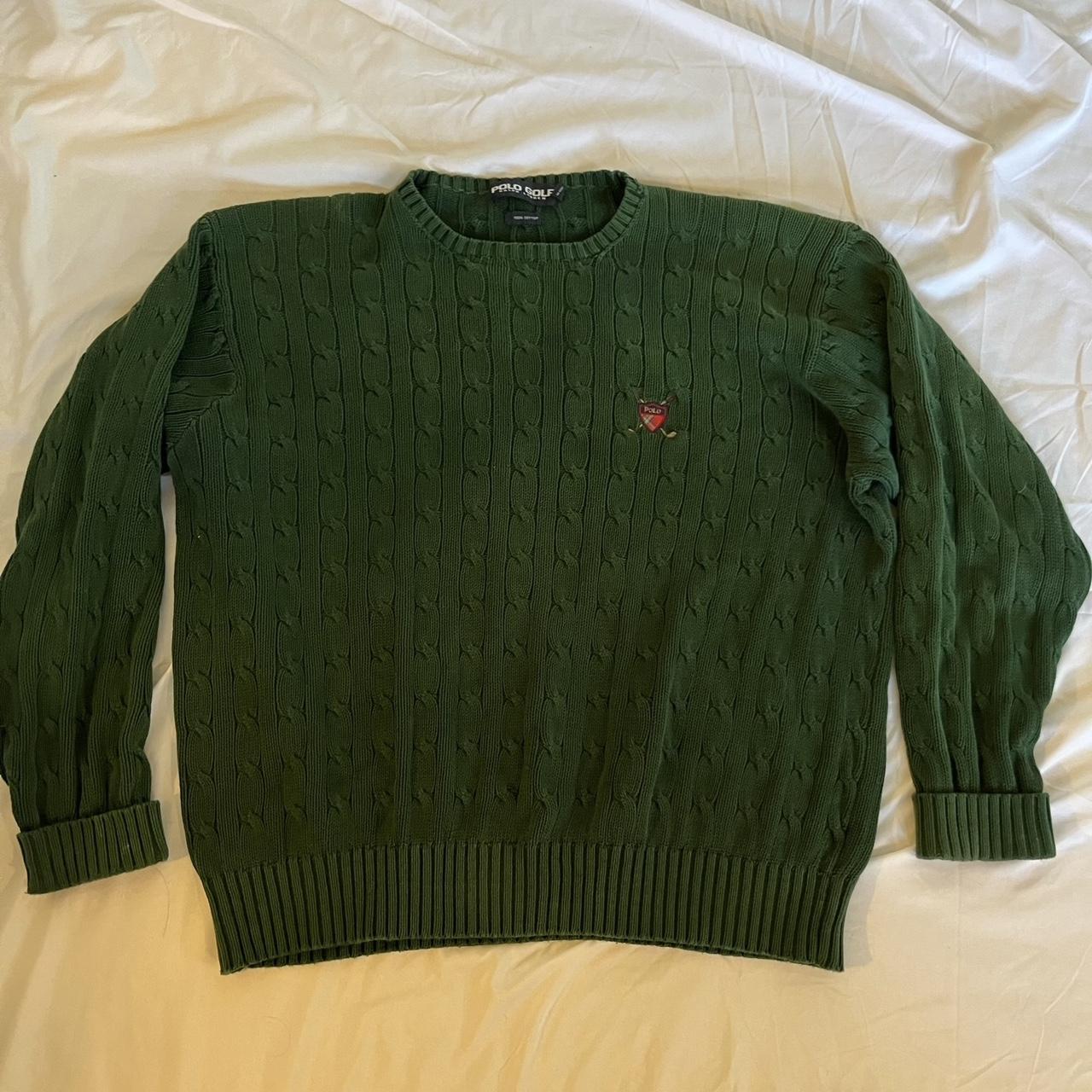 - Green Cable Knit Polo by Ralph Lauren Sweater -... - Depop