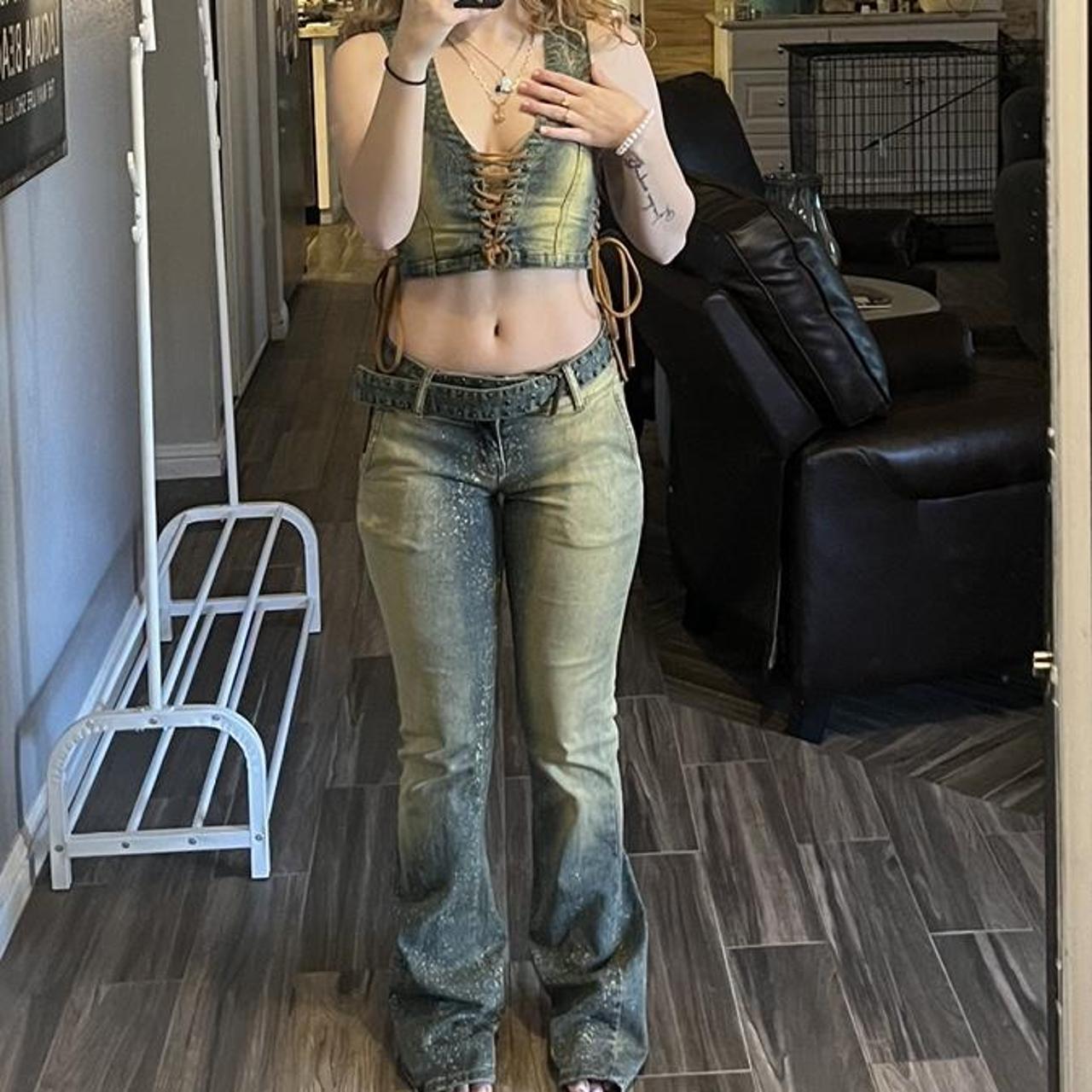 Jaded London Women's Gold and Blue Jumpsuit Depop