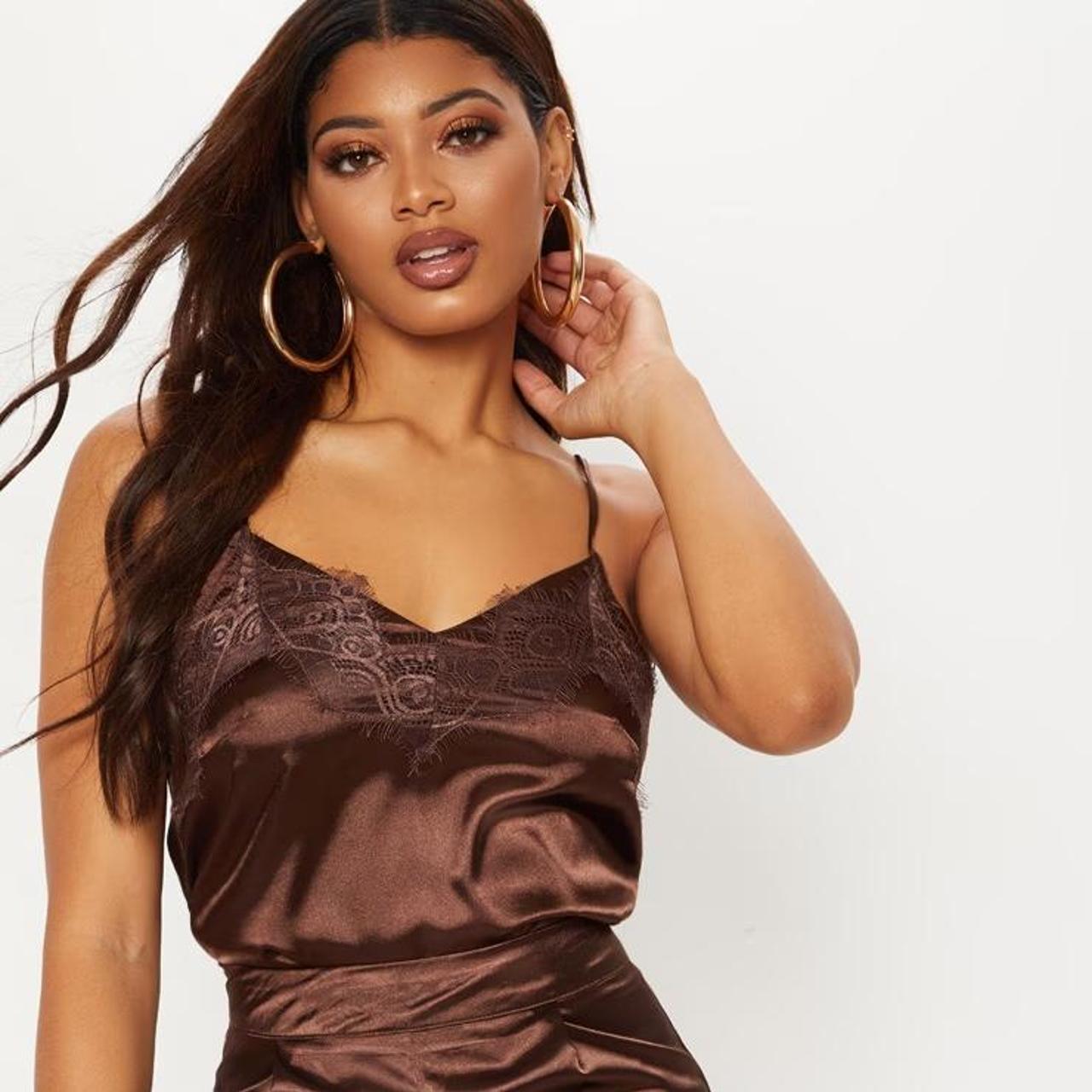 Satin Lace brown cami top. In polyester so very easy... - Depop