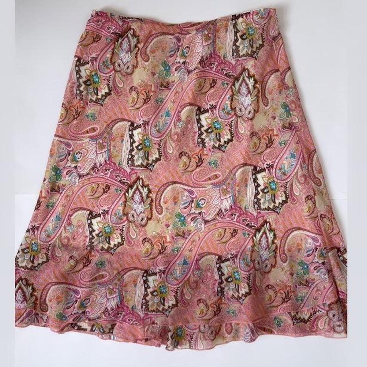 Pink multicolored paisley midi skirt with tiered... - Depop