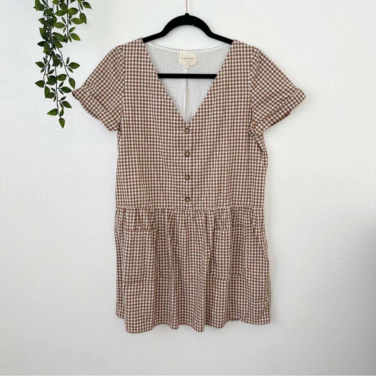 Sezane Lena Gingham Mini Dress in Vichy Mocha... - Depop