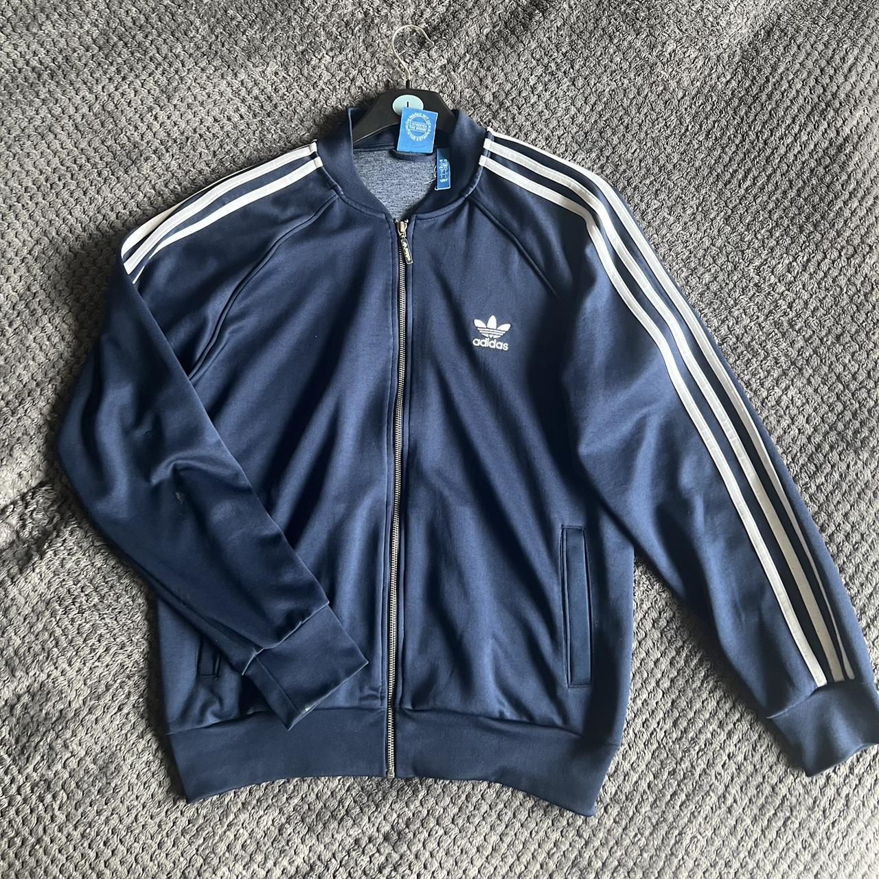Adidas zip up tracksuit top mens, colour Navy Blue,... Depop
