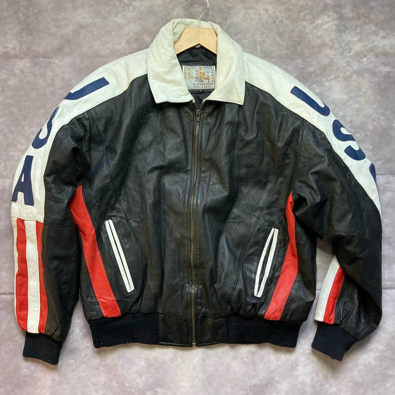 Vintage Genuine Leather USA Flag Biker Jacket used... - Depop