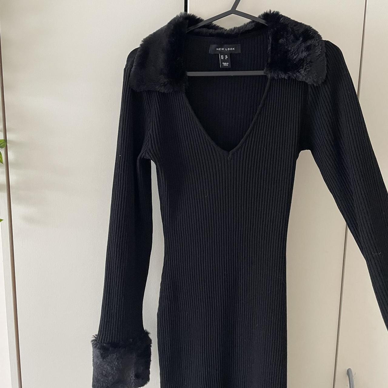 New Look black faux fur trim rib knit dress uk size... - Depop