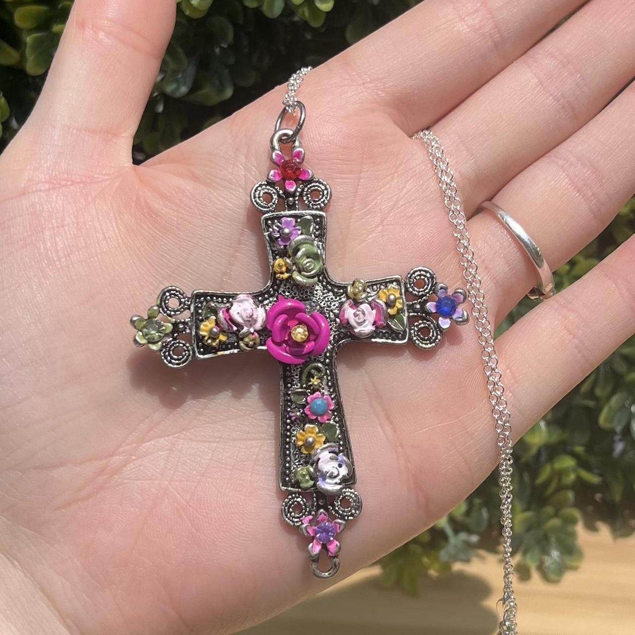 Flower Cross Necklace ️ 🌸 Statement floral cross... Depop