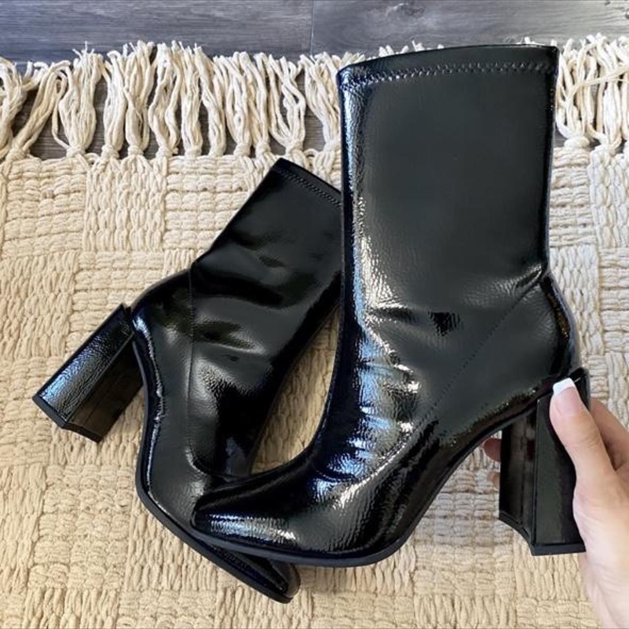 Black patent flare heeled boots Size 6 Literally... - Depop